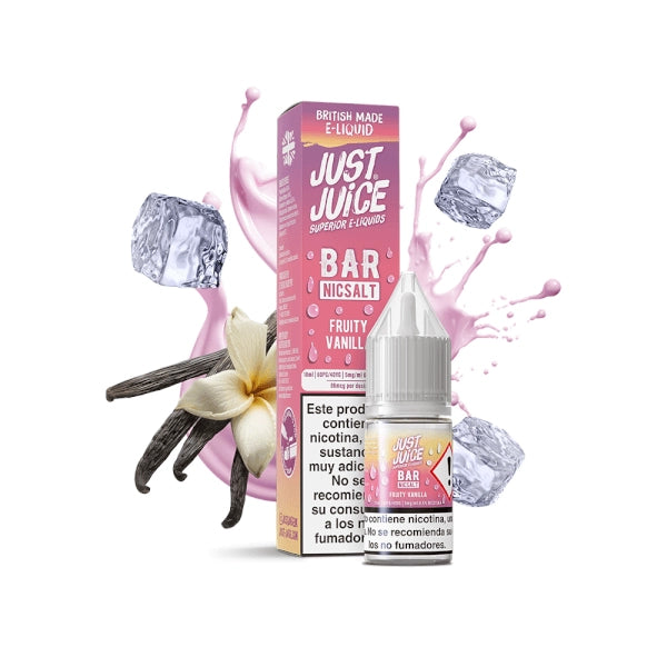 vaping liquid Just Juice Fruity Vanilla Bar with nicotine salts, small bottle next to its box in pink tones, accompanied by vanilla, creamy splashes and ice cubes.