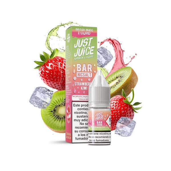 liquido da svapare Just Juice Strawberry Kiwi Bar con sali di nicotina, bottiglia accanto alla scatola nei toni del verde e del rosa, accompagnata da fragole, kiwi e cubetti di ghiaccio.