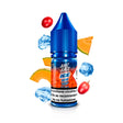 liquide de vapotage Just Juice Ice Grape Melon 10ml 50/50, avec un flacon bleu de sels de nicotine, design dans les tons bleu et rouge, accompagné de raisins, melon et glaçons autour.