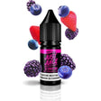 vaping liquid Just Juice Nic Salts Berry Burst 10ml, bottle of nicotine salts with a design in purple tones, accompanied by a mixture of red fruits that represent its flavor.