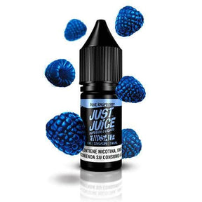 vaping liquid Just Juice Nic Salts Blue Raspberry 10ml, bottle of nicotine salts with a design in blue tones, accompanied by blue raspberry that represents its flavor.