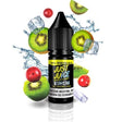 liquide de vapotage Just Juice Nic Salts Kiwi & Cranberry On Ice 10ml, flacon de sels de nicotine au design dans les tons vert et rouge, accompagné de kiwi, de canneberges rouges et de glaçons qui représentent sa saveur.