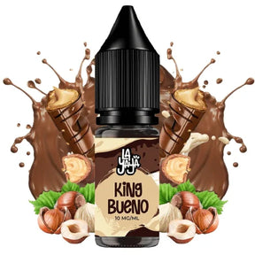 Liquide pour vapotage La Yaya Salts King Bueno 10 ml avec sels de nicotine, bouteille au design en tons marron, accompagné de chocolat, noisettes et gaufrettes qui représentent sa saveur.