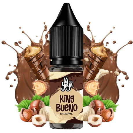 Líquido para vapeo La Yaya Salts King Bueno 10ml con sales de nicotina, botella con diseño en tonos marrones, acompañado de chocolate, avellanas y barquillos que representan su sabor.