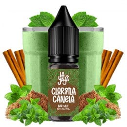 vaping liquid La Yaya Salts Chlorophyll Cinnamon 10ml with nicotine salts, bottle with a design in green and brown tones, accompanied by green leaves and cinnamon that represent its flavor.