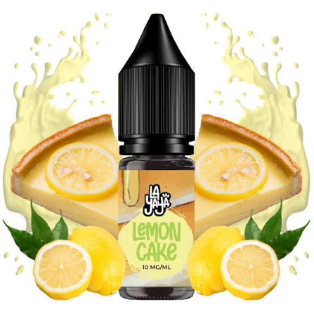 Líquido para vapeo La Yaya Salts Lemon Cake 10ml con sales de nicotina, botella con diseño en tonos amarillos, acompañado de tarta de limón que representa su sabor.