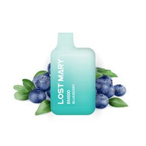 Vaper desechable Lost Mary BM600 Blueberry 20 mg/ml, dispositivo compacto con hasta 600 puffs y e-liquid sabor arándano dulce, diseño en degradado azul y verde con boquilla integrada y presentación visual con arándanos que representan el sabor del producto.