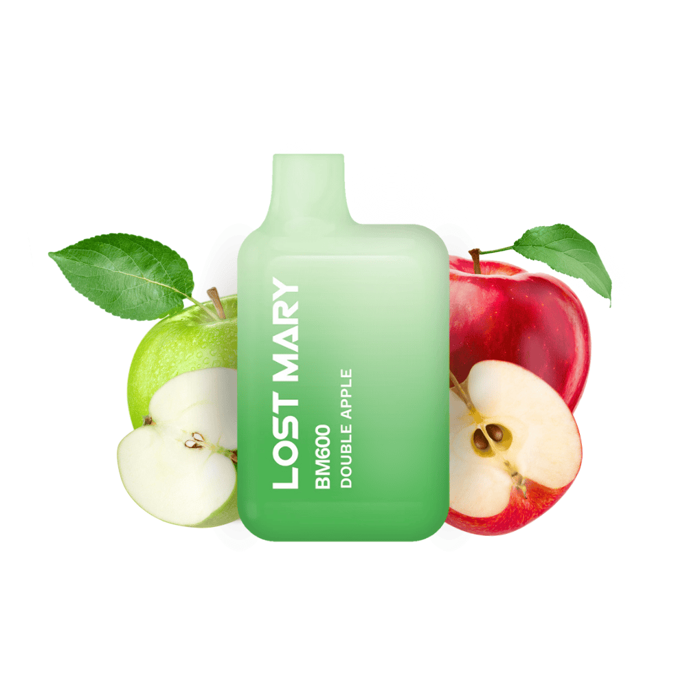Vaper desechable Lost Mary BM600 Double Apple 20 mg/ml, dispositivo compacto con hasta 600 puffs y e-liquid sabor doble manzana (mezcla de manzana verde y roja), diseño en color verde con boquilla integrada y presentación visual con manzanas que representan el sabor del producto..