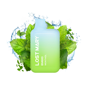 Sigaretta Elettronica Usa e Getta Lost Mary BM600 Mentolo 20 mg/ml, dispositivo compatto con un massimo di 600 spruzzi e e-liquid rinfrescante al gusto di mentolo, design sfumato verde e blu con bocchino integrato e presentazione visiva con foglie di menta e un effetto di freschezza che rappresentano il sapore del prodotto.
