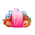Vaper desechable Lost Mary BM600 Strawberry Ice 20 mg/ml, dispositivo compacto con hasta 600 puffs y e-liquid sabor fresa con toque mentolado refrescante, diseño en degradado rosa con boquilla integrada y presentación visual con fresas y cubos de hielo que representan el sabor del producto.