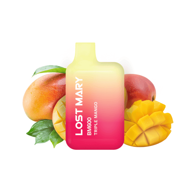 Vaper desechable Lost Mary BM600 Triple Mango 20 mg/ml, dispositivo compacto con hasta 600 puffs y e-liquid sabor mango tropical intenso, diseño en degradado amarillo y rosa con boquilla integrada y presentación visual con mangos que representan el sabor del producto.
