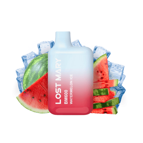 Vaper desechable Lost Mary BM600 Watermelon Ice 20 mg/ml, dispositivo compacto con hasta 600 puffs y e-liquid sabor sandía con toque mentolado refrescante, diseño ergonómico con boquilla integrada y presentación visual inspirada en sandía y hielo que representan el sabor del producto.