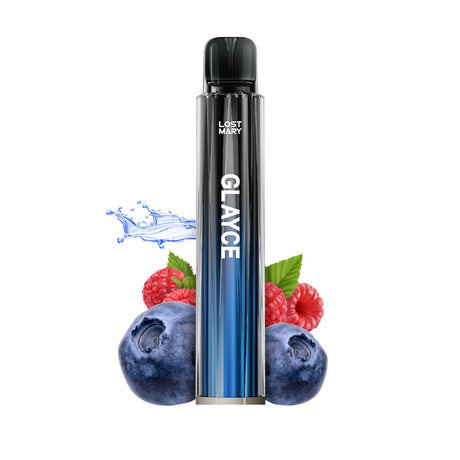 Vaper Lost Mary Tappo Glayce Blue Sour Raspberry, dispositivo tipo pod con sabor frambuesa azul con toque ácido y dulce, compatible con cápsulas Lost Mary Tappo, diseño compacto en formato stick con boquilla integrada y presentación visual inspirada en frutos azules que representan el sabor del producto.