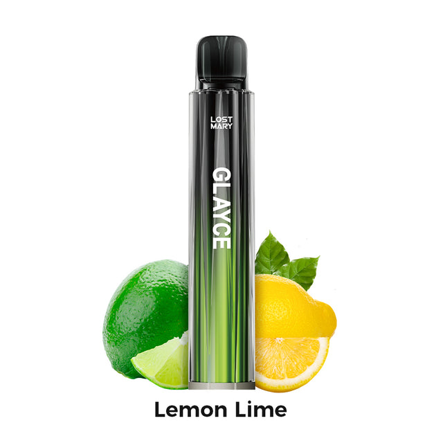 Svapatore Lost Mary Tappo Glayce Lemon Lime, dispositivo a cialda con un mix di sapore di limone e lime dal profilo agrumato e rinfrescante, compatibile con capsule Lost Mary Tappo, design compatto in formato stick con bocchino integrato e presentazione visiva ispirata agli agrumi che rappresentano il sapore del prodotto.