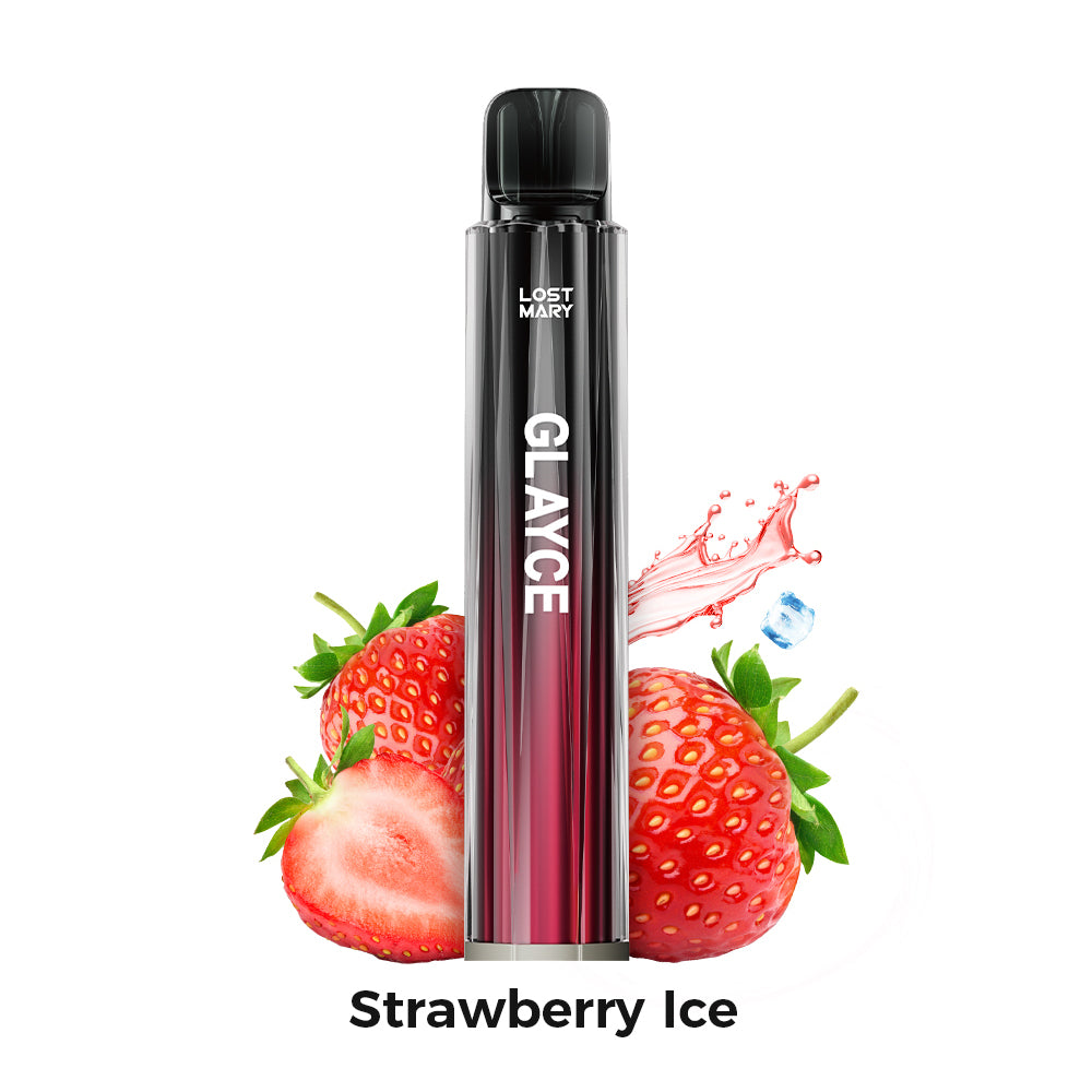 Vapeur Lost Mary Tappo Glayce Strawberry Ice, appareil de type dosette au goût de fraise avec une touche mentholée rafraîchissante, compatible avec les capsules Lost Mary Tappo, design compact au format stick avec embout intégré et présentation visuelle inspirée des fraises et effet glace qui représentent la saveur du produit.