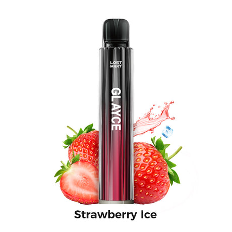 Vaper Lost Mary Tappo Glayce Strawberry Ice, dispositivo tipo pod con sabor fresa con toque mentolado refrescante, compatible con cápsulas Lost Mary Tappo, diseño compacto en formato stick con boquilla integrada y presentación visual inspirada en fresas y efecto hielo que representan el sabor del producto.