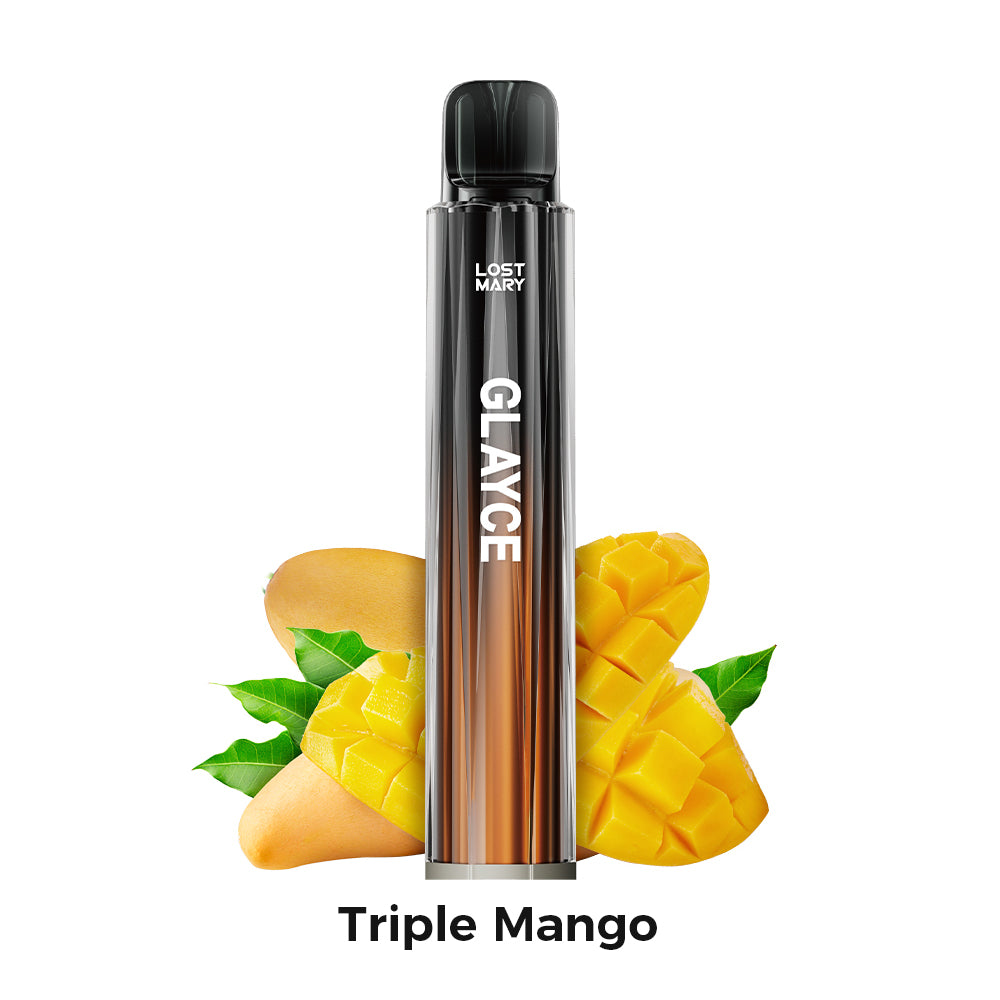 Vaper Lost Mary Tappo Glayce Triple Mango, dispositivo tipo pod con sabor mango tropical intenso, compatible con cápsulas Lost Mary Tappo, diseño compacto en formato stick con boquilla integrada y presentación visual inspirada en mangos que representan el sabor del producto.