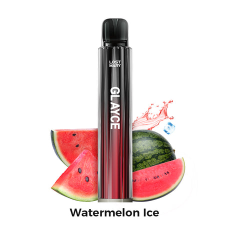 Vaper recargable Lost Mary Tappo Glayce Watermelon Ice, dispositivo compacto con batería de 500 mAh recargable mediante USB-C y pod reemplazable de 2 ml con 20 mg/ml de nicotina, diseñado para ofrecer aproximadamente hasta 600 caladas con sabor a sandía y toque mentolado refrescante