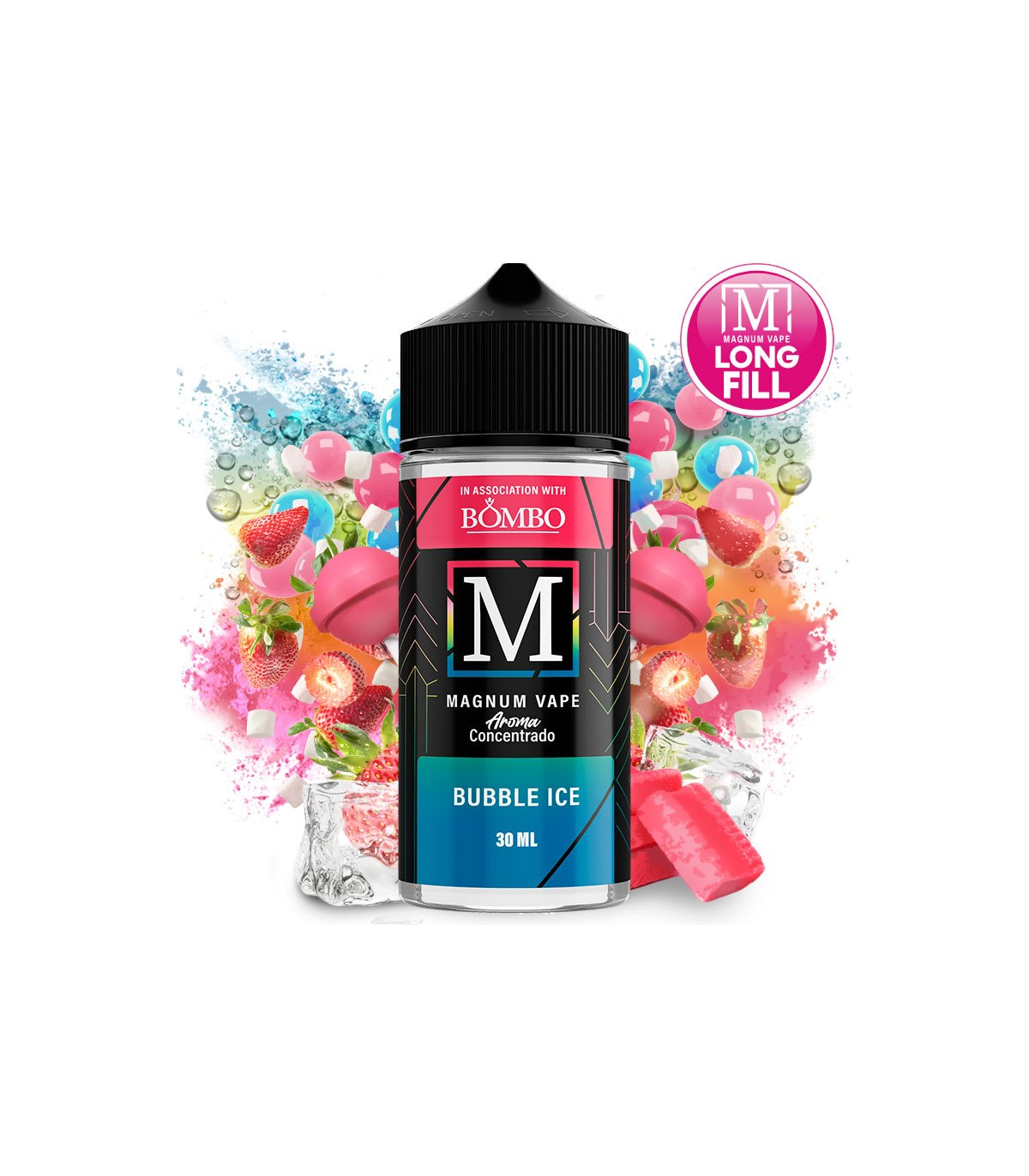 Aroma da svapare Magnum Vape Bubble Ice formato longfill da 30 ml, bottiglia dal design colorato accompagnato da gomme da masticare, caramelle, fragole e cubetti di ghiaccio che rappresentano il suo sapore dolce e rinfrescante.