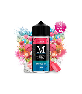 Aroma da svapare Magnum Vape Bubble Ice formato longfill da 30 ml, bottiglia dal design colorato accompagnato da gomme da masticare, caramelle, fragole e cubetti di ghiaccio che rappresentano il suo sapore dolce e rinfrescante.