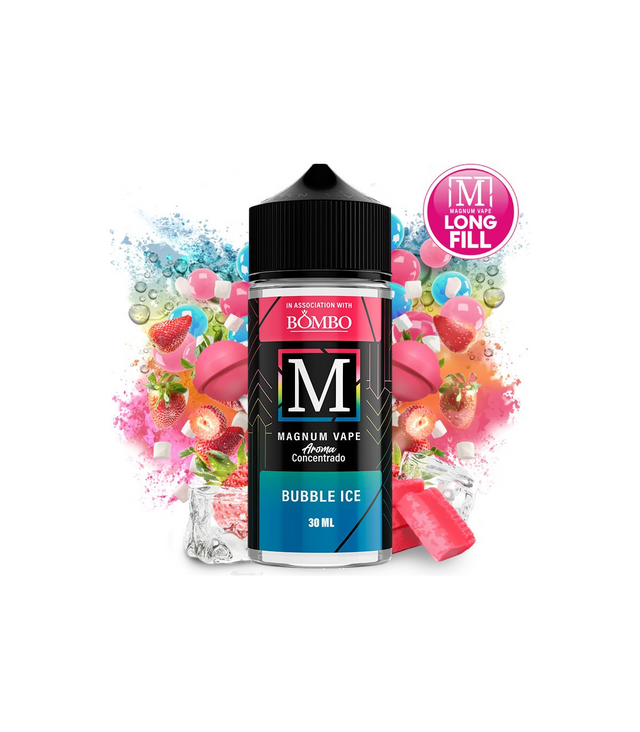 Aroma da svapare Magnum Vape Bubble Ice formato longfill da 30 ml, bottiglia dal design colorato accompagnato da gomme da masticare, caramelle, fragole e cubetti di ghiaccio che rappresentano il suo sapore dolce e rinfrescante.