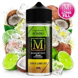 Aroma da svapare Magnum Vape Coco Lime Ice formato longfill da 30 ml, bottiglia dal design colorato accompagnato da cocco, lime e cubetti di ghiaccio che rappresentano il suo sapore tropicale e rinfrescante.