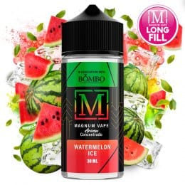 Aroma da svapare Magnum Vape Watermelon Ice formato longfill da 30ml, bottiglia dal design colorato accompagnata da anguria e cubetti di ghiaccio che ne rappresentano il sapore rinfrescante.