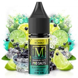 Líquido para vapeo Magnum Vape Salt Blackcurrant Lime Ice 10ml, botella con diseño colorido acompañada de grosella negra, lima y cubitos de hielo que representan su sabor afrutado y refrescante.
