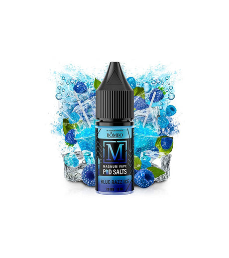 vaping liquid Magnum Vape Salt Blue Razz Ice 10ml, bottle with a colorful design accompanied by blue raspberry and ice cubes that represent its fruity and refreshing flavor.