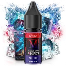 vaping liquid Magnum Vape Salt Bull Ice 10ml, bottle with a colorful design accompanied by an energy drink and ice cubes that represent its intense and refreshing flavor.