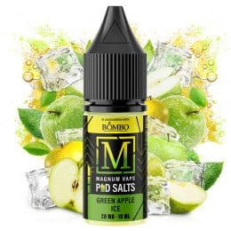 vaping liquid Magnum Vape Salt Green Apple Ice 10ml, bottle with a colorful design accompanied by green apple and ice cubes that represent its fruity and refreshing flavor.