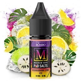 Líquido para vapeo Magnum Vape Salt Guanabana Lime Ice 10ml, botella con diseño colorido acompañada de guanábana, lima y cubitos de hielo que representan su sabor tropical y refrescante.