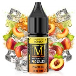 vaping liquid Magnum Vape Salt Peach Ice 10ml, bottle with a colorful design accompanied by peach and ice cubes that represent its fruity and refreshing flavor.