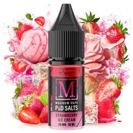 vaping liquid Magnum Vape Salt Strawberry Ice Cream 10ml, bottle with a colorful design accompanied by strawberries and ice cream that represent its sweet and creamy flavor.