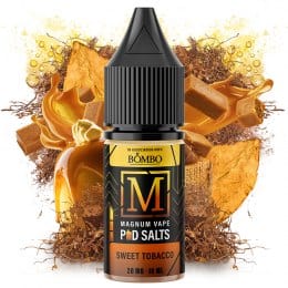 Líquido para vapeo Magnum Vape Salt Sweet Tobacco 10ml, botella con diseño colorido acompañada de hojas de tabaco que representan su sabor dulce y suave.