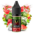 Líquido para vapeo Magnum Vape Salt Watermelon Ice 10ml, botella con diseño colorido acompañada de sandía y cubitos de hielo que representan su sabor afrutado y refrescante.