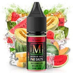 Líquido para vapeo Magnum Vape Salt Watermelon Melon Ice 10ml, botella con diseño colorido acompañada de sandía, melón y cubitos de hielo que representan su sabor afrutado y refrescante.
