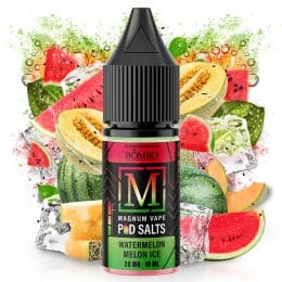 vaping liquid Magnum Vape Salt Watermelon Melon Ice 10ml, bottle with a colorful design accompanied by watermelon, melon and ice cubes that represent its fruity and refreshing flavor.