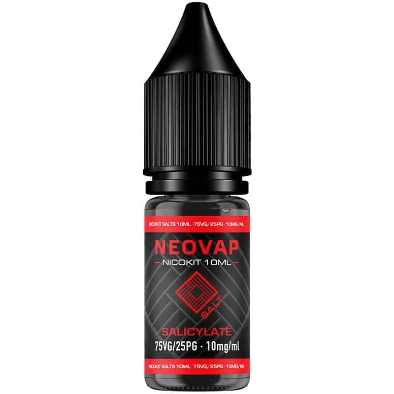 Botella de e-líquido Nicokit Salt Salicylate Neovap de 10 ml, con diseño en negro y detalles en rojo, tapa de seguridad tipo cuentagotas y etiqueta frontal que indica proporción 75VG/25PG y 15 mg/ml de nicotina.