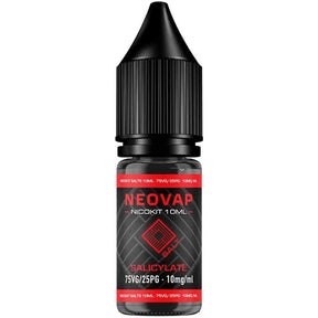 Botella de e-líquido Nicokit Salt Salicylate Neovap de 10 ml, con diseño en negro y detalles en rojo, tapa de seguridad tipo cuentagotas y etiqueta frontal que indica proporción 75VG/25PG y 15 mg/ml de nicotina.