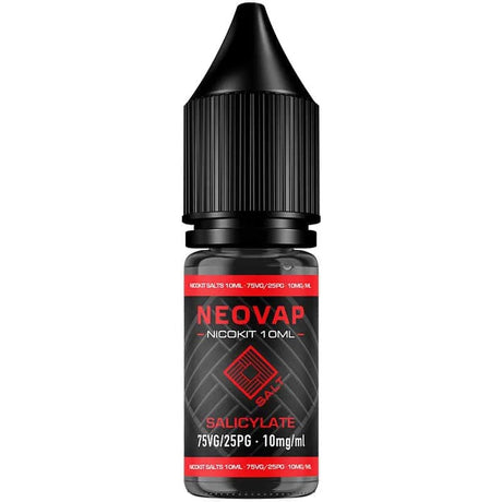 10 ml Nicokit Salt Salicylate Neovap e-liquid bottle, with black design and red details, dropper-type safety cap and front label indicating 75VG/25PG ratio and 15 mg/ml of nicotine.