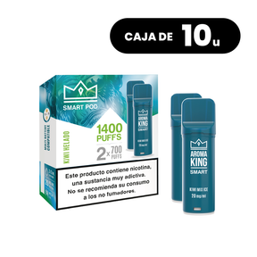Pack of 10 boxes Aroma King Smart Pod Kiwi Mix Ice, kiwi flavor vape pods with a refreshing menthol touch, system of up to 1400 puffs (2x700 puffs) and 20 mg/ml of nicotine, presented in its original box.