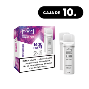 Paquet de 10 boîtes Aroma King Smart Pod Mixed Berry, pods pour vape mélange d'arômes de fruits rouges sucrés, système jusqu'à 1400 bouffées (2x700 bouffées) et 20 mg/ml de nicotine, présenté dans sa boîte d'origine.
