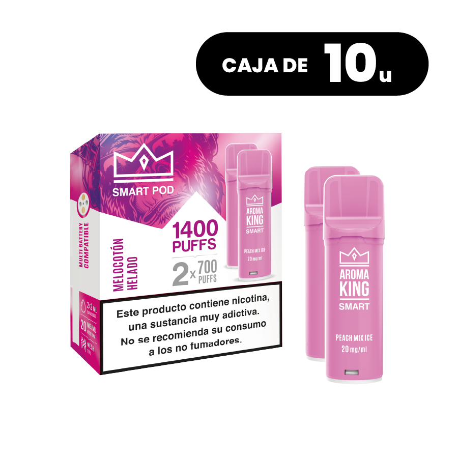 Pack de 10 cajas Aroma King Smart Pod Strawberry Guava, pods para vape sabor fresa y guayaba con mezcla tropical dulce, sistema de hasta 1400 puffs (2x700 caladas) y 20 mg/ml de nicotina, presentados en su caja rosa original con información del producto.