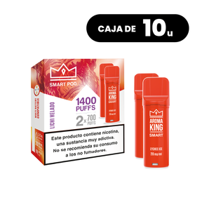 Pack de 10 cajas de cápsulas Aroma King Lychee, pods para vape sabor lichi dulce y tropical, sistema de hasta 1400 puffs (2x700 caladas) y 20 mg/ml de nicotina, presentadas en su caja original con información del producto.