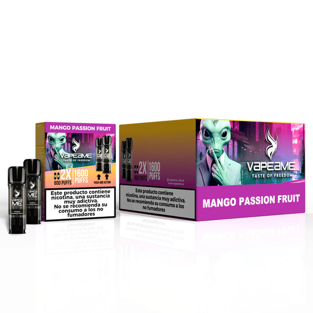 Pack de 10 cajas de cápsulas Vapeame Mango Passion Fruit, pods para vape sabor mango y fruta de la pasión con sistema 2x800 puffs (hasta 1600 caladas), presentadas en su caja original.