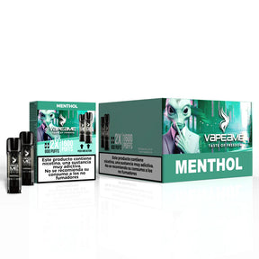 Pack de 10 boîtes de gélules Vapeame Menthol, dosettes de vape rafraîchissantes au goût mentholé avec système de 2x800 bouffées (jusqu'à 1600 bouffées), présenté dans sa boîte verte d'origine.