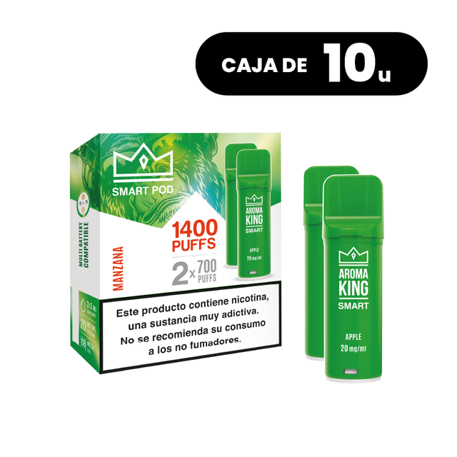 Pack de 10 cajas Aroma King Smart Pod Apple, pods para vape sabor manzana dulce y refrescante, sistema de hasta 1400 puffs (2x700 caladas) y 20 mg/ml de nicotina, presentados en su caja verde original con información del producto.