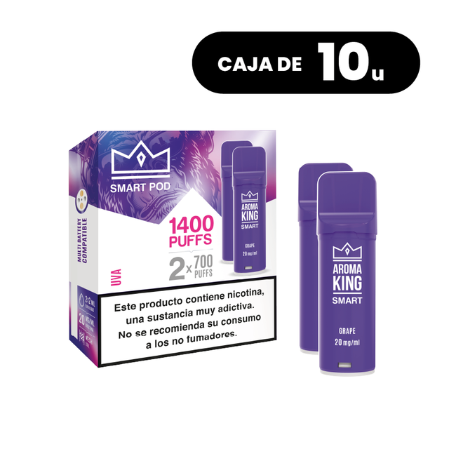 Pack de 10 cajas Aroma King Smart Pod Grape, pods para vape sabor uva dulce, sistema de hasta 1400 puffs (2x700 caladas) y 20 mg/ml de nicotina, presentados en su caja original con información del producto.