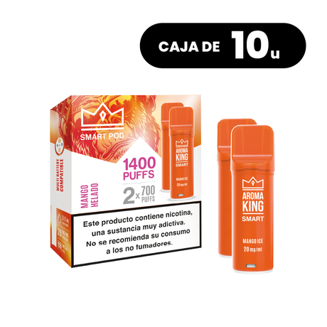 Pack de 10 cajas Aroma King Smart Pod Mango, pods para vape sabor mango tropical dulce, sistema de hasta 1400 puffs (2x700 caladas) y 20 mg/ml de nicotina, presentados en su caja naranja original con información del producto.